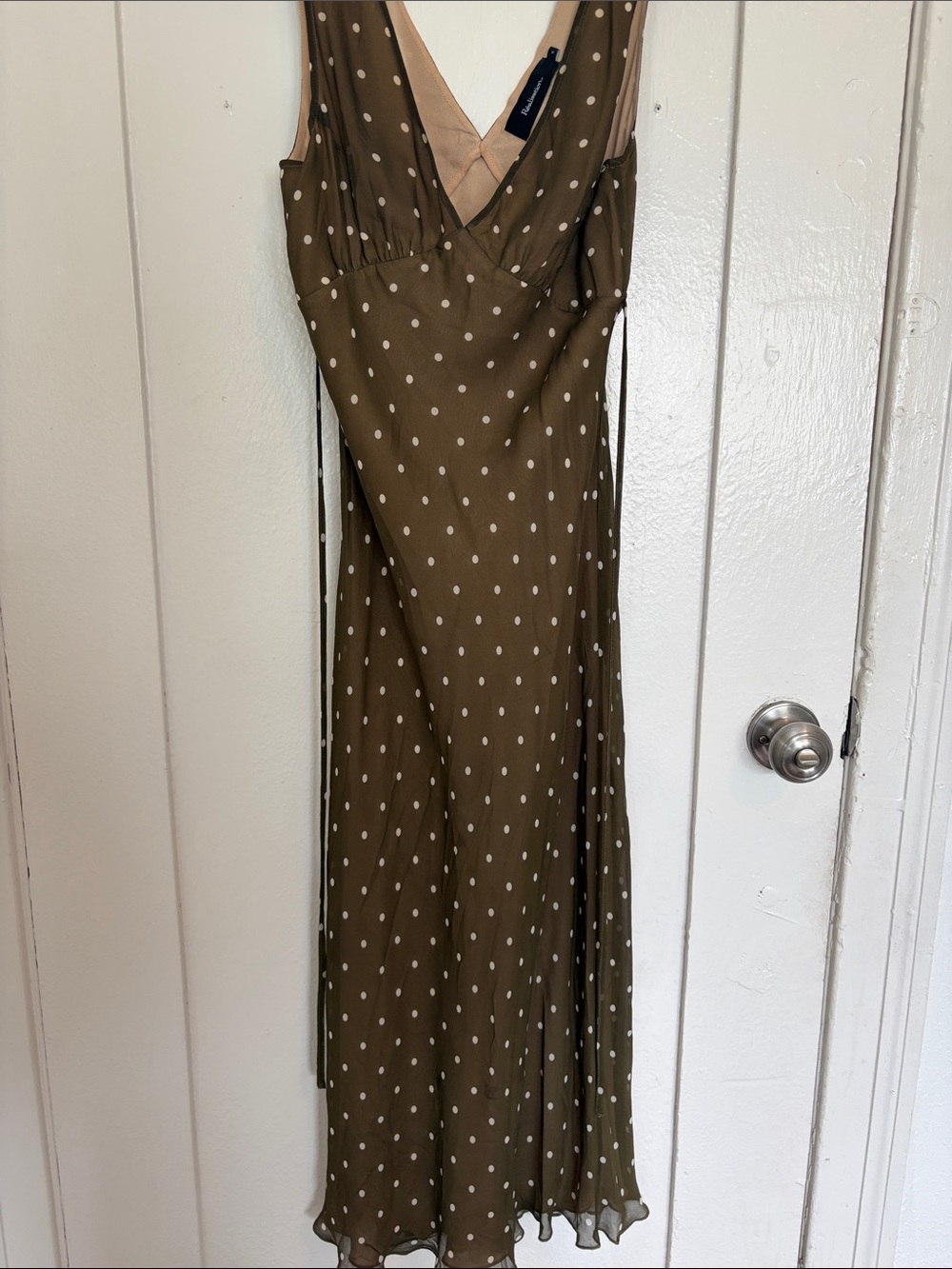 Realisation Par the Margot Olive Spot Khaki V-Neck Midi Dress size Small - Picture 6 of 11